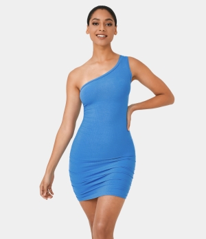 Halara One Shoulder Sleeveless Ruched Mini Women's Dress Maya Blue | 048523-CVE