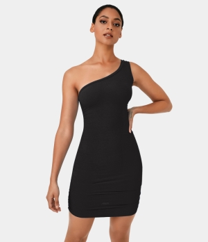 Halara One Shoulder Sleeveless Ruched Mini Women's Dress Black | 579463-KCN