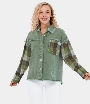 Halara Patchwork Fringe Collared Button Pocket Ripped Casual Jacket Women's Tops Green Bay | YRIWXGZ-29