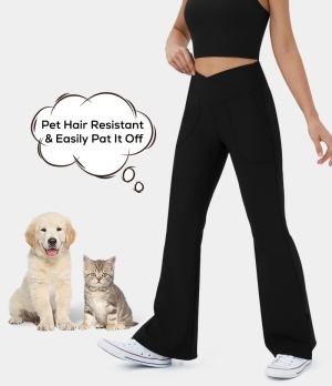Halara Patitoff Flow Pet Hair Resistant Crossover Pocket Split Hem Yoga Flare-Smile Women's Leggings Black | 680295-HIA