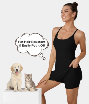 Halara Patitoff Flow Pet Hair Resistant 2-in-1 Flare Activity-Wannabe Women's Dress Black | 683952-MJI
