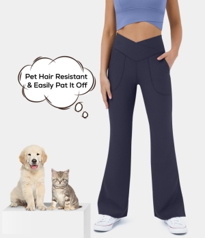 Halara Patitoff Flow Pet Hair Resistant Crossover Pocket Split Hem Yoga Flare-Smile Women's Leggings Seaborne | 897432-SFT