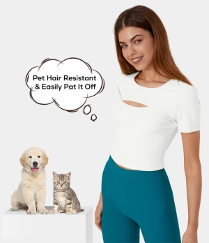 Halara Patitoff Flow Pet Hair Resistant Round Neck Cut Out Cropped Barre Ballet Dance Women's Tops White | FJDKXNH-51