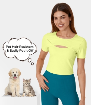 Halara Patitoff Flow Pet Hair Resistant Round Neck Cut Out Cropped Barre Ballet Dance Women's Tops Lime Sherbet | GLTYHEM-21