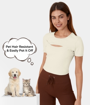 Halara Patitoff Flow Pet Hair Resistant Round Neck Cut Out Cropped Barre Ballet Dance Women's Tops Baby's Breath | JTKRIHW-97