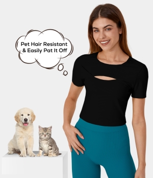 Halara Patitoff Flow Pet Hair Resistant Round Neck Cut Out Cropped Barre Ballet Dance Women's Tops Black | QHESZUX-53