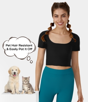 Halara Patitoff Flow Pet Hair Resistant Square Neck Frill Hem Cropped Sports Women's Tops Black | YZQCHSV-85