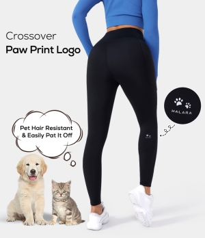 Halara Patitoff Pet Hair Resistant High Waisted Crossover Plain 7/8-Paw Print Logo Women's Leggings Black | 371025-TIZ