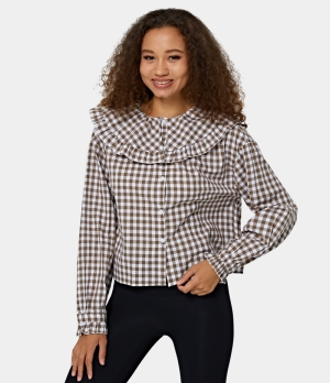 Halara Peter Pan Collar Button Front Plaid Blouse Women's Tops Dark Mauve | JOABZQM-30