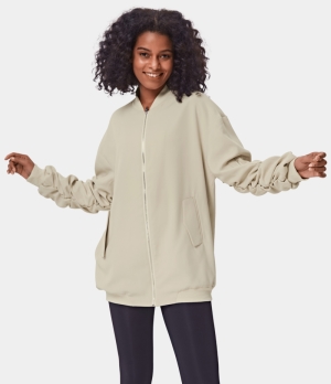 Halara Plain Ruched Zipper Jacket Women's Tops Light Beige | AGYCIHO-82