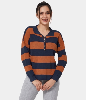 Halara Polo Button Striped Color Block Knit Women's Tops Deep Blue | OLKBTVF-50