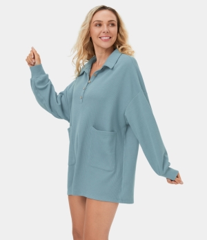 Halara Polo Collared Button Side Pocket Waffle Mini Casual Women's Dress Tourmaline | 190463-BDY