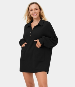 Halara Polo Collared Button Side Pocket Waffle Mini Casual Women's Dress Black | 578039-QAN
