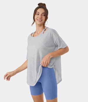 Halara Relaxed 2-in-1 Curved Hem Yoga Sports Women's Tops Lilac Hint | DXMLPAB-87