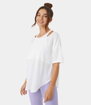 Halara Relaxed 2-in-1 Curved Hem Yoga Sports Women's Tops White | QCHOYDI-59