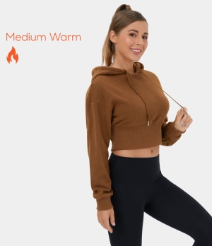 Halara Removable Hood Drawstring Cropped Fleece Casual Hoodie Sports Sweatshirt Women's Tops Coffee | OAYJMHR-04