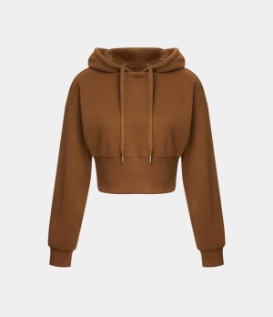 Halara Removable Hood Drawstring Cropped Fleece Casual Hoodie Sports Sweatshirt Women's Tops Coffee | VITXWNE-71