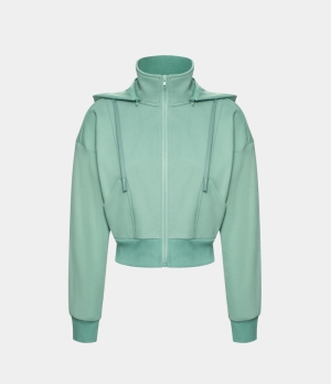 Halara Removable Hood Stand Collar Drawstring Zipper Pocket Cropped Fleece Casual Jacket Women's Tops Silt Green | FISVMXL-24