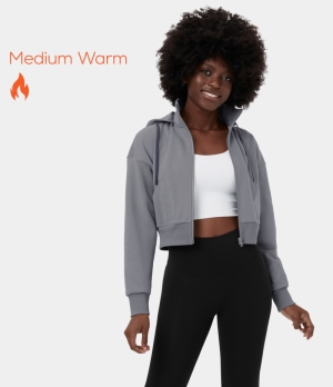 Halara Removable Hood Stand Collar Drawstring Zipper Pocket Cropped Fleece Casual Jacket Women's Tops Quicksilver | OCKAGXR-64