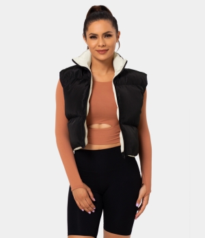 Halara Reversible Mock Neck Cropped Puffer Vest Women's Tops Black | JVRCTDS-95