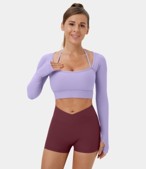 Halara Ribbed Halter Strap Thumb Hole Cropped Yoga Sports Women's Tops Pastel Lilac | GBZFNTU-25