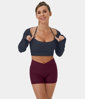 Halara Ribbed Halter Strap Thumb Hole Cropped Yoga Sports Women's Tops Mood Indigo | GDWXSRC-75