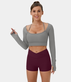 Halara Ribbed Halter Strap Thumb Hole Cropped Yoga Sports Women's Tops Formal Gray | OPVNJDG-50