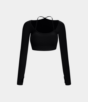 Halara Ribbed Halter Strap Thumb Hole Cropped Yoga Sports Women's Tops Black | UNFDBAJ-56