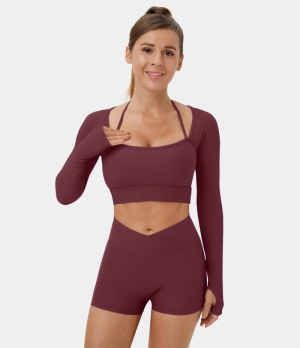 Halara Ribbed Halter Strap Thumb Hole Cropped Yoga Sports Women's Tops New Maroon | WYHICUZ-38