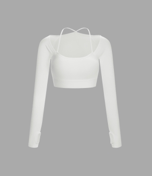 Halara Ribbed Halter Strap Thumb Hole Cropped Yoga Sports Women's Tops White | ZRETAJD-76