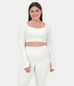 Halara Ribbed Halter Strap Thumb Hole Plus Size Cropped Yoga Sports Women's Tops White | XBGLIRS-67