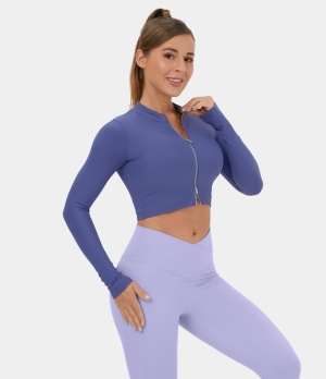 Halara Ribbed Knit 2-Way Zipper Cropped Yoga Jacket Women's Tops Baja Blue | GYCDPKE-75