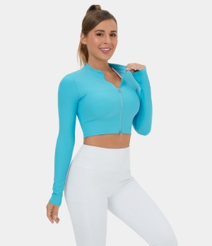 Halara Ribbed Knit 2-Way Zipper Cropped Yoga Jacket Women's Tops Tanager Turquoise | VGFWNMD-56