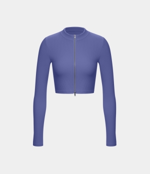 Halara Ribbed Knit 2-Way Zipper Cropped Yoga Jacket Women's Tops Baja Blue | VWBCQIR-19