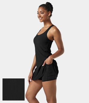 Halara Ribbed Knit 2-in-1 Side Pocket Backless Racerback Sports-Malibu Women's Dress Midnight Adventure - Black | 809351-OTL