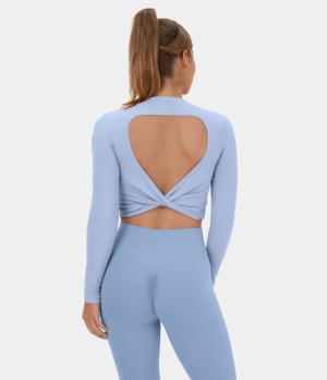 Halara Ribbed Knit Backless Twisted Cropped Yoga Sports Women's Tops Light Baby Blue | FNTRPID-34