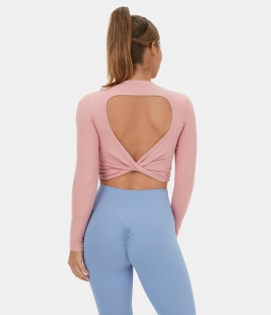 Halara Ribbed Knit Backless Twisted Cropped Yoga Sports Women's Tops Mellow Rose | WISNBDT-64