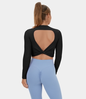 Halara Ribbed Knit Backless Twisted Cropped Yoga Sports Women's Tops Black | XLDJANQ-73