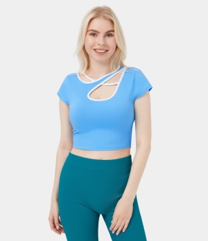 Halara Ribbed Knit Color Block Cropped Barre Ballet Dance Sports Women's Tops Bright Blue | VRCAZXE-93