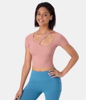 Halara Ribbed Knit Cut Out Barre Ballet Dance Sports Women's Tops Bridal Rose | SWVERTZ-95