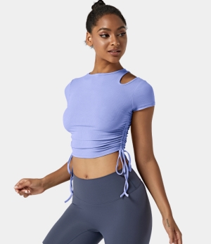 Halara Ribbed Knit Cut Out Side Drawstring Ruched Cropped Women's Tops Deep Powder Blue | TJPCKBG-67