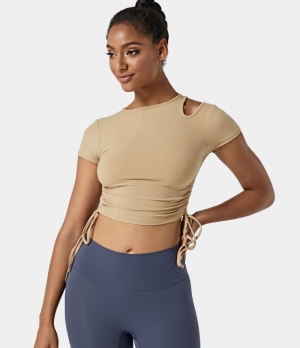 Halara Ribbed Knit Cut Out Side Drawstring Ruched Cropped Women's Tops Sandstone | XUFVQOE-51