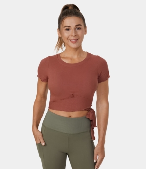 Halara Ribbed Knit Frill Lace Up Cut Out Cropped Barre Ballet Dance Tank Women's Tops Chutney | OFQRHVL-94