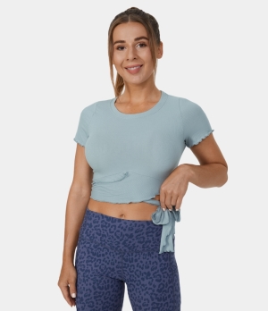 Halara Ribbed Knit Frill Lace Up Cut Out Cropped Barre Ballet Dance Tank Women's Tops Haze Blue | ONDRKSC-80