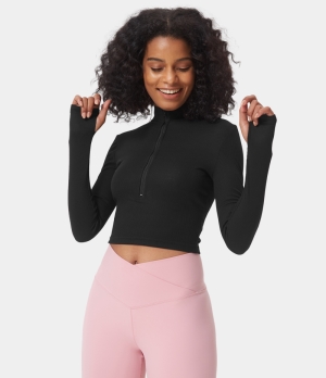 Halara Ribbed Knit Mock Neck Half Zip Thumb Hole Sports Women's Tops Black | PTVZHJE-19