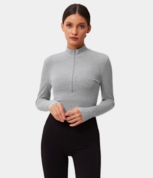 Halara Ribbed Knit Mock Neck Half Zip Thumb Hole Sports Women's Tops Grey | XJFYCUW-59