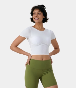 Halara Ribbed Knit Round Neck Short Sleeve Cropped T-Shirt Women's Tops White | KSMAHGQ-96