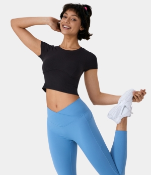 Halara Ribbed Knit Round Neck Short Sleeve Cropped T-Shirt Women's Tops Black | XKIQBDO-45