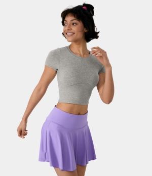 Halara Ribbed Knit Round Neck Short Sleeve Cropped T-Shirt Women's Tops Lunar Rock | ZSAWDCX-15