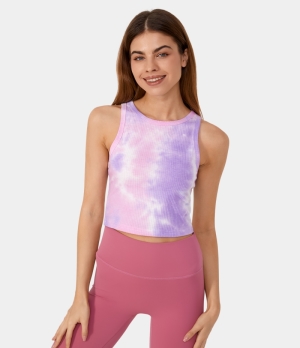 Halara Ribbed Knit Round Neck Tie Dye Cropped Yoga Tank Women's Tops Tie-dye Lilac Purple | WFHOLPS-05